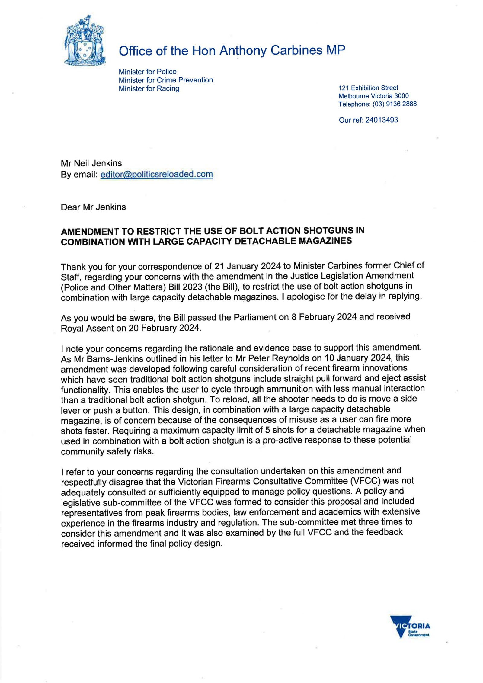 Ministers response on bolt-action shotguns